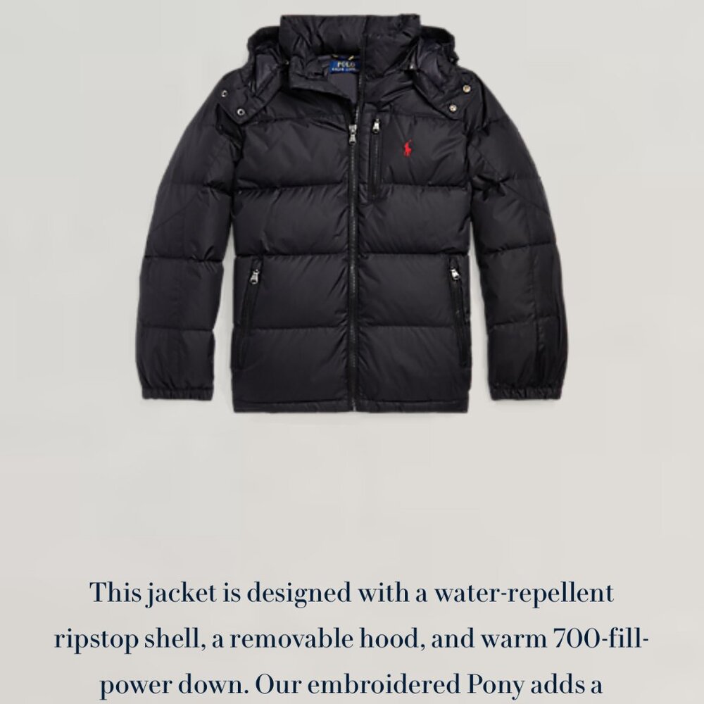 Ralph Lauren Big Boys Hooded Water-Repellent Black Puffer Jacket 14-16